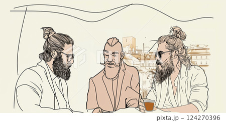 Line art illustration of three bearded men discussing a joint project or product launch, meeting in a cafe and discussing issues to achieve success 124270396