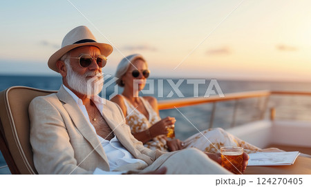 Aging couple relaxing on liner during Mediterranean cruise, warm sunset after sunny day, holding refreshing drink, promoting active lifestyle and healthy life 124270405