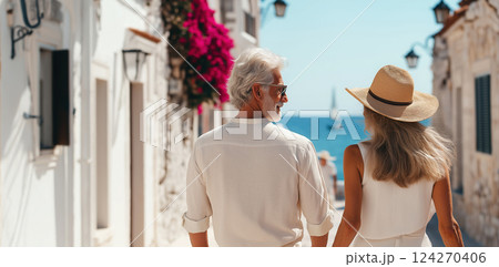 Elderly couple walking in streets of old town in archipelago in Greece, exploring history enjoying freedom and togetherness on summer vacation, healthy aging and active aging concept Elderly couple walking in streets of old town in archipelago in Greece, exploring history enjoying freedom and togetherness on summer vacation, healthy aging and active aging concept 124270406