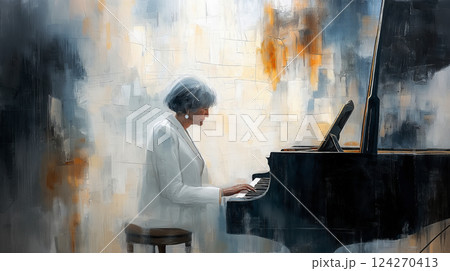 watercolor painting of an elderly woman playing the piano, concept of memories and nostalgia, experiencing moments and helping mental health through music or hobby watercolor painting of an elderly woman playing the piano, concept of memories and nostalgia, experiencing moments and helping mental health through music or hobby 124270413