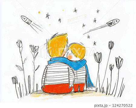 On the lawn, father and son watching the starry sky and rockets taking off, imagination and childhood dreams, magical family moment filled with love and inspiration, Father's Day drawing 124270522