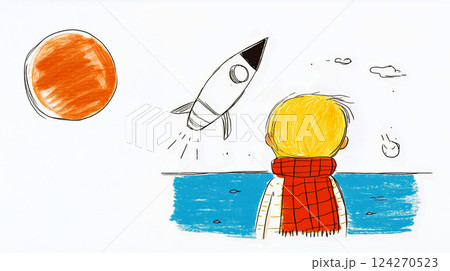 Dreams and adventures, boy in red scarf standing on seashore watching rocket take off, childhood dreams and family support concept, Father's Day and family drawing Dreams and adventures, boy in red scarf standing on seashore watching rocket take off, childhood dreams and family support concept, Father's Day and family drawing 124270523