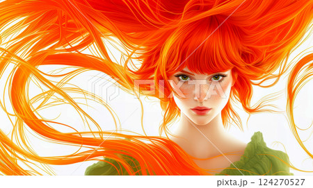 Redhead woman with vibrant red hair, green eyes and freckles, expressive gaze highlights her unique fiery beauty, creating a captivating and elegant portrait, concept redhead elegance and expression 124270527