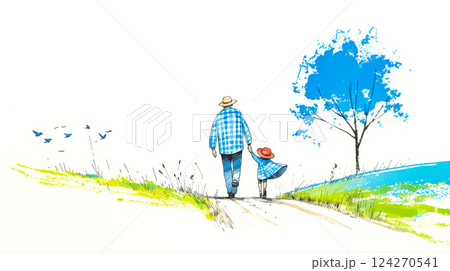 Pencil drawing of father and daughter walking in formal park, father's day or family day card concept, bright poster about childhood and caring in family Pencil drawing of father and daughter walking in formal park, father's day or family day card concept, bright poster about childhood and caring in family 124270541