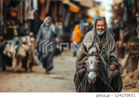 Old man riding mule in awakening bazaar street in Mediterranean city, first passersby on street, copy space with Palm Sunday and Easter screensaver idea concept 124270651