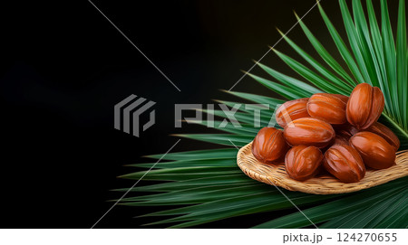 ripe dates on woven palm leaf plate, dark copy space background with date palm leaf ripe dates on woven palm leaf plate, dark copy space background with date palm leaf 124270655