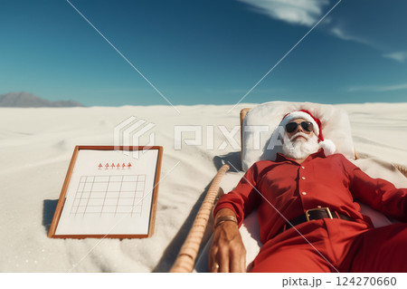 Santa Claus dozing on a lounge chair on white sand tropical beach, board with concept of plan for next Christmas stands nearby, Santa enjoying tropical beach vacation after hard winter work 124270660