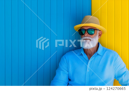 Poster with portrait of elderly man in glasses and straw hat standing in shadow against colorful wall on pier hiding from bright sun, tropical island travel and vacation concept, active old age 124270665