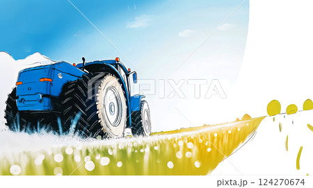 bottom corner of frame, close-up drawing of tractor plowing field at dawn, modern technology increases farm productivity, copy space about ecological farming concept 124270674
