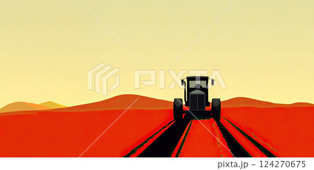 Drawing of tractor plowing field, agriculture concept use modern equipment with traditional methods of ecological farming, red field and yellow sky background 124270675
