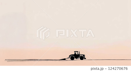 Graphic poster with tractor plowing field, concept with copy space about agricultural mechanization, modern equipment with traditional methods of ecological farming, peach neutral background 124270676