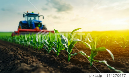 Young corn sprouts in a spring field, tractor cultivating a field, blurred background of a farmer's field, copy space about concept about eco-friendly agriculture, early sunrise in the field 124270677