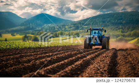 Poster of tractor cultivating spring field valley, warm spring days and hot farming season of seasonal work, concept of agricultural mechanization, modern equipment with traditional farming methods Poster of tractor cultivating spring field valley, warm spring days and hot farming season of seasonal work, concept of agricultural mechanization, modern equipment with traditional farming methods 124270678