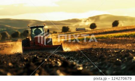 works in a field on a farm, tractor driver plowing a field among hills bright spring sunrise in a beautiful countryside, concept symbolizes balance between human industry and sustainability of nature 124270679