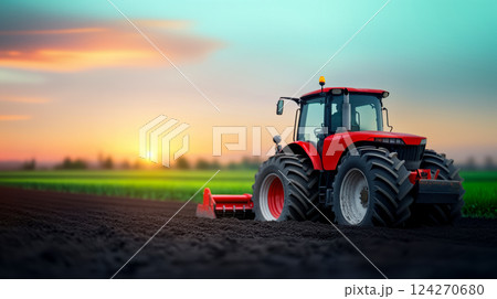farmer operates a tractor plowing a field growing crops, copy space mechanized agricultural labor, conscious farming and organic methods maintain ecological balance and maximize productivity 124270680