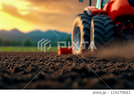 close-up on tractor plowing a field at dawn, dust rising from tractor wheels and plow, modern technology improves farm productivity, copy space about the concept of eco-friendly farming 124270681
