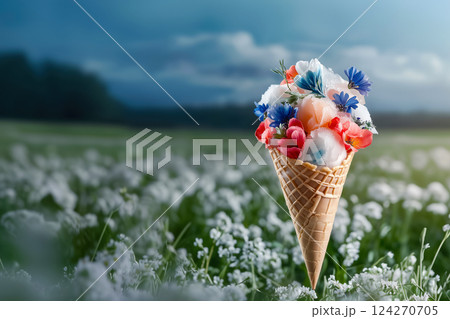 Waffle cone with floral ice cream on background of a blooming spring field, refreshing ice cream dessert in the hot summer season, copy space with concept of culinary art and delicate craft desserts 124270705