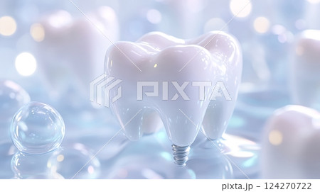 White tooth implant is standing on light blue background with bubbles White tooth implant is standing on light blue background with bubbles 124270722