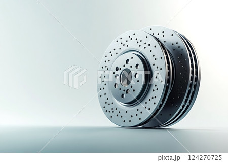 Car brake discs showing holes and slots for better braking performance 124270725