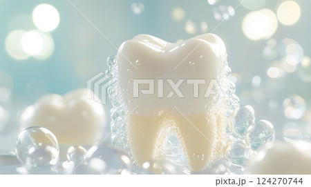 Tooth getting cleaned and covered by soap bubbles, promoting oral hygiene Tooth getting cleaned and covered by soap bubbles, promoting oral hygiene 124270744