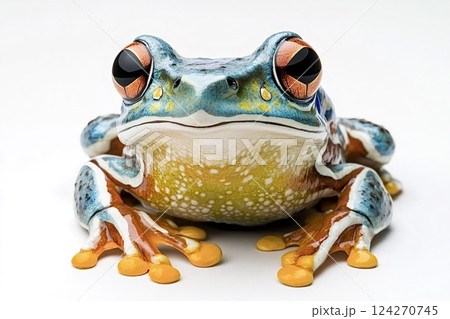 Colorful amazon milk frog resting on white background Colorful amazon milk frog resting on white background 124270745