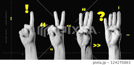 Halftone Effect Illustration of Four Hands Showing Different Finger Gestures in Vintage Pop Art Style Halftone Effect Illustration of Four Hands Showing Different Finger Gestures in Vintage Pop Art Style 124270863