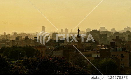 Panoramic view of Cairo from drone point of view. Mosques and rooftops of buildings. Cairo, Egypt	 124270878