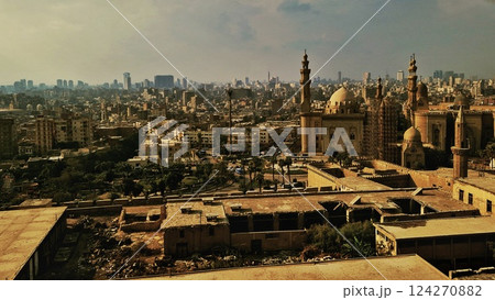 Panoramic view of Cairo from drone point of view. Mosques and rooftops of buildings. Cairo, Egypt	 124270882