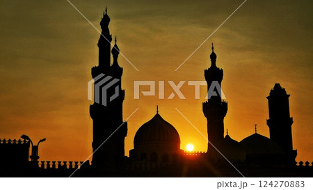 Panoramic view of Cairo from drone point of view. Mosques and rooftops of buildings. Cairo, Egypt	 124270883