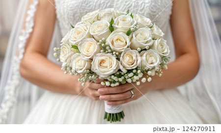 A bride in a wedding gown holds a lovely bouquet of white roses 124270911