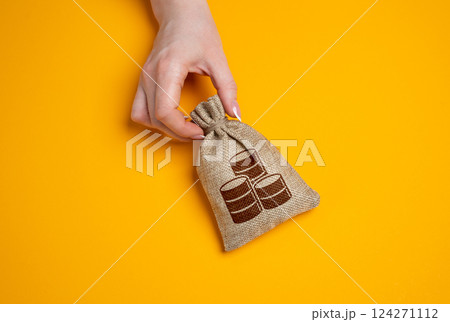 Money bag in woman's hand on empty yellow background. Wealth, financial gains, and investment success. Money bag in woman's hand on empty yellow background. Wealth, financial gains, and investment success. 124271112