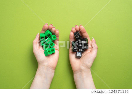 CO2 cubes and oxygen-restoring forests in hands. Compensation for human damage to nature. Carbon offsetting, reforestation programs, and nature conservation. Ecological balance, sustainability CO2 cubes and oxygen-restoring forests in hands. Compensation for human damage to nature. Carbon offsetting, reforestation programs, and nature conservation. Ecological balance, sustainability 124271133