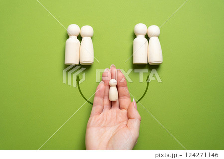 Selecting families for child adoption, human figures. Concept of who to leave the child with between two parents. Prioritize child welfare. Stability, care, and nurturing environments. 124271146