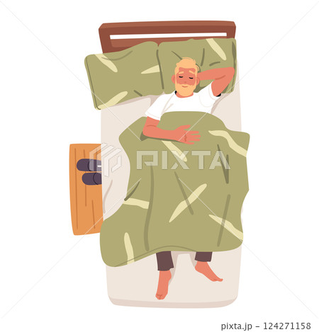 Adult bearded man cartoon character sleeping in cozy bed lying under blanket enjoying night rest 124271158