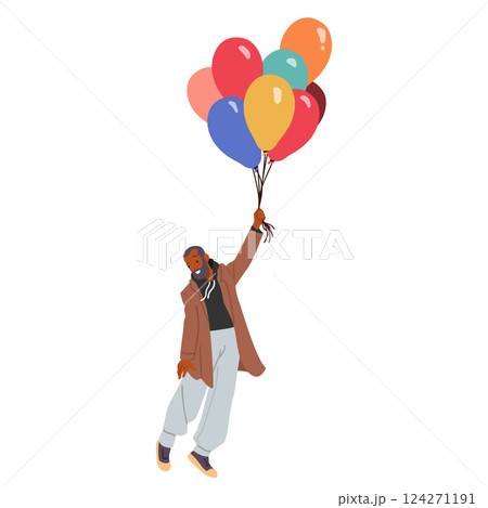 Trendy fashion hipster guy cartoon character flying with bunch of helium balloons isolated on white 124271191