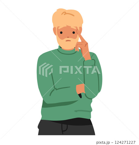 Worried adult man cartoon character looking thoughtful brainstorming about difficulties in his life 124271227