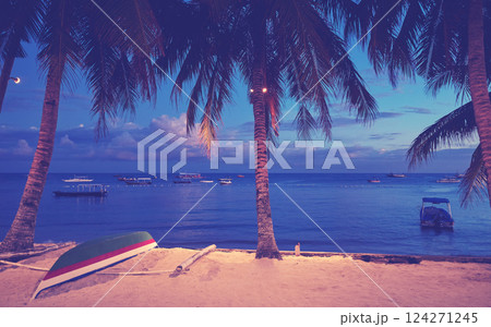 Tropical beach with coconut palms at dusk color toning applied, Philippines. 124271245