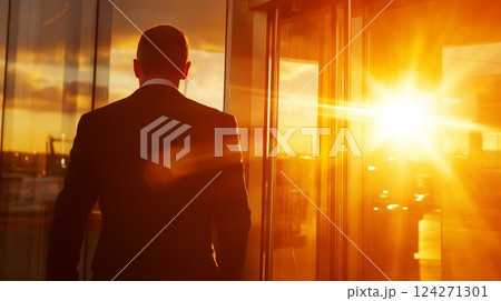 businessman with briefcase exiting doors of business center 124271301
