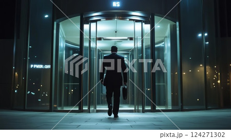 businessman with briefcase exiting doors of business center 124271302