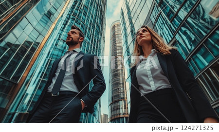 A businessman and a woman are walking in the courtyard of a modern business center 124271325