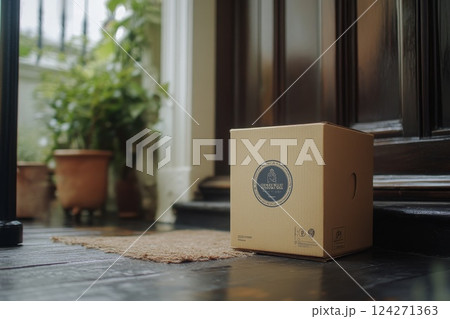 A small box with a branded sticker of the online store stands by the front door 124271363