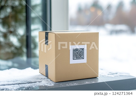 A small box with a branded sticker of the online store stands by the front door 124271364