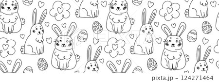 Easter pattern with doodle funny rabbit. Hand drawn trendy linear eggs and cute character. Spring baby background. For wrapping paper, textiles, children room decor. Vector outline illustration. Easter pattern with doodle funny rabbit. Hand drawn trendy linear eggs and cute character. Spring baby background. For wrapping paper, textiles, children room decor. Vector outline illustration. 124271464