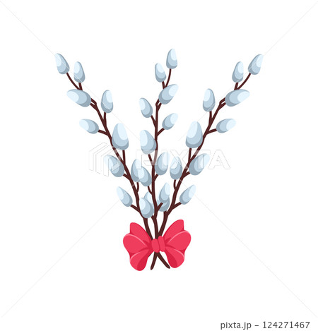 Spring bouquet with willow branches and red ribbon bow. Seasonal Easter composition is suitable for website, flower shop, postcard. Gift to your girlfriend, mother, grandmother. Vector illustration. Spring bouquet with willow branches and red ribbon bow. Seasonal Easter composition is suitable for website, flower shop, postcard. Gift to your girlfriend, mother, grandmother. Vector illustration. 124271467