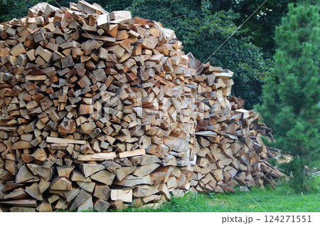 Stacking Of Chopped Firewood In Round Piles  124271551