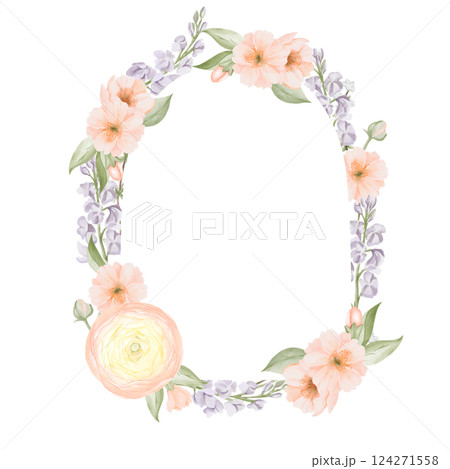 Spring Floral Frame, arch shaped, Border from Ranunculus and Peach or Cherry, Sakura flowers, Freesia branches. Watercolor hand painted botanical illustration isolated on a white background. Botanical Spring Floral Frame, arch shaped, Border from Ranunculus and Peach or Cherry, Sakura flowers, Freesia branches. Watercolor hand painted botanical illustration isolated on a white background. Botanical 124271558