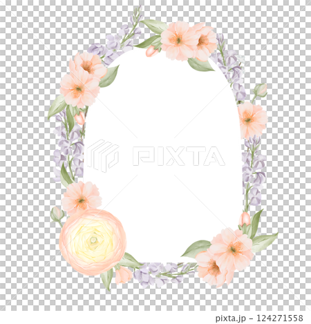 Spring Floral Frame, arch shaped, Border from Ranunculus and Peach or Cherry, Sakura flowers, Freesia branches. Watercolor hand painted botanical illustration isolated on a white background. Botanical Spring Floral Frame, arch shaped, Border from Ranunculus and Peach or Cherry, Sakura flowers, Freesia branches. Watercolor hand painted botanical illustration isolated on a white background. Botanical 124271558