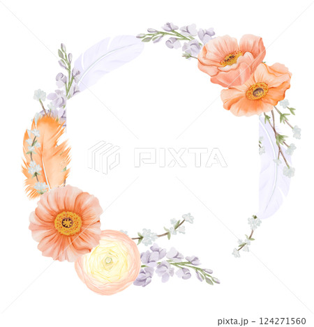 Geometric hexagonal frame from Spring Flowers and Feathers in pastel colors. Iceland Poppies, Ranunculus, Freesia and Snow willow branches. Watercolor hand drawn illustration isolated on a white 124271560