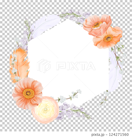 Geometric hexagonal frame from Spring Flowers and Feathers in pastel colors. Iceland Poppies, Ranunculus, Freesia and Snow willow branches. Watercolor hand drawn illustration isolated on a white 124271560