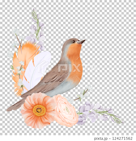 Bird with Spring Flowers and Feathers in pastel colors. Floral composition with Ranunculus and Iceland Poppies Flowers, Freesia and Snow Willow Branches. Hand painted botanical illustration isolated Bird with Spring Flowers and Feathers in pastel colors. Floral composition with Ranunculus and Iceland Poppies Flowers, Freesia and Snow Willow Branches. Hand painted botanical illustration isolated 124271562